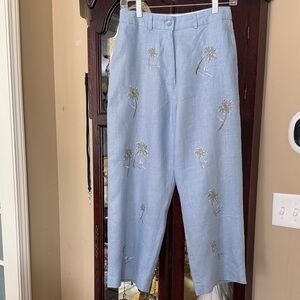 Deane & White Linen Blue Embroidery Palms Beach Summer Cropped Pants Sz 6